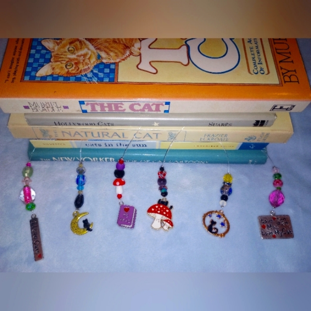 5 Vintage Cat Books & Handcrafted Beaded Bookmarker of your choice Rescue Pink
